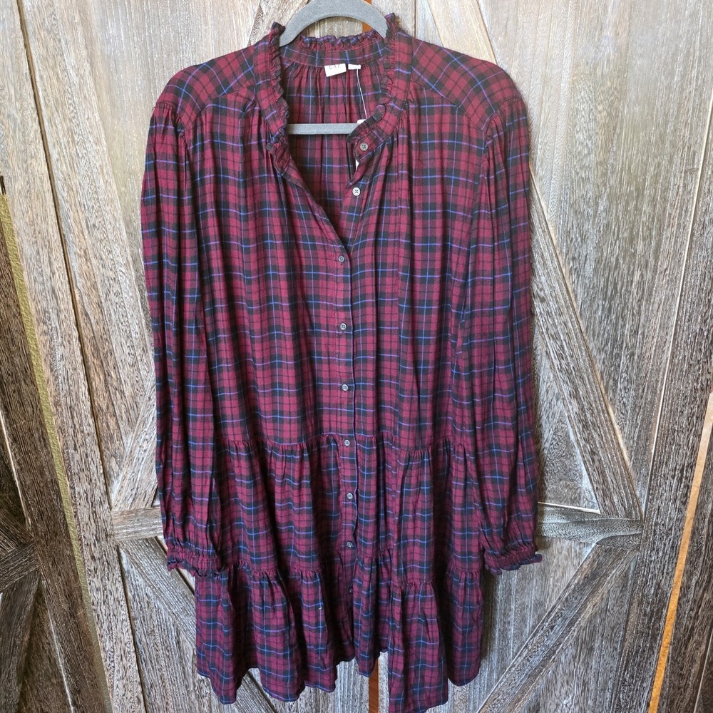 Gap Dress Women's Size XL Dark Red Black Blue Plaid Flannel Tiered Tunic Buttons